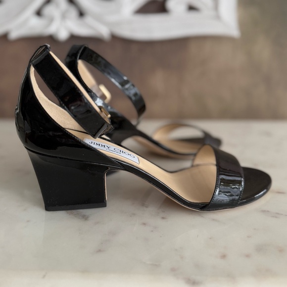 JIMMY CHOO Black patent leather low wedge heel sandals ankle strap